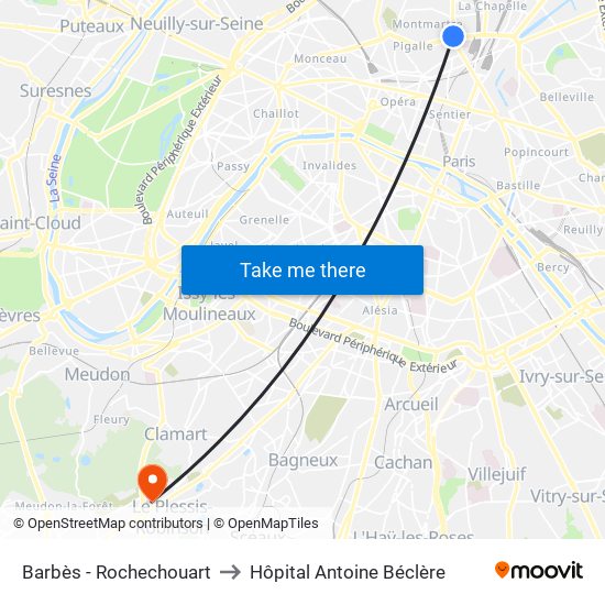 Barbès - Rochechouart to Hôpital Antoine Béclère map