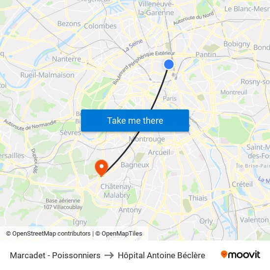 Marcadet - Poissonniers to Hôpital Antoine Béclère map