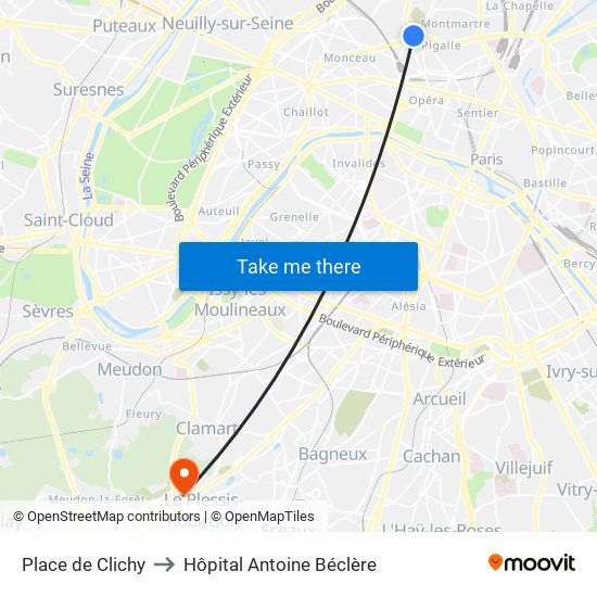 Place de Clichy to Hôpital Antoine Béclère map