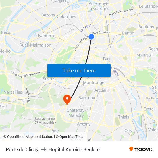 Porte de Clichy to Hôpital Antoine Béclère map