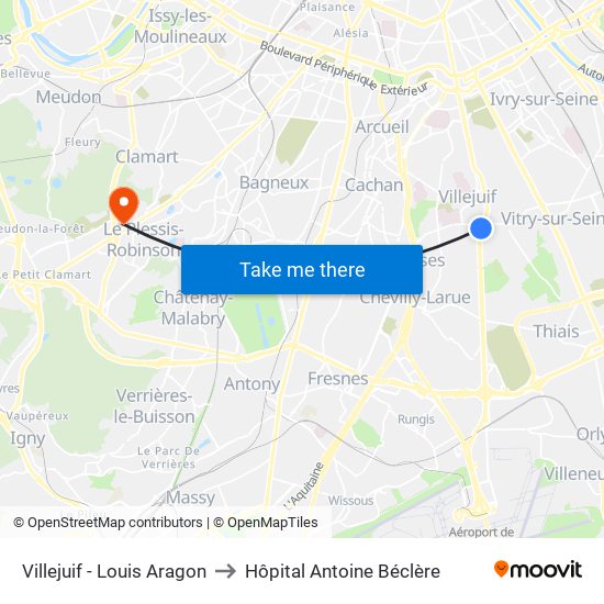 Villejuif - Louis Aragon to Hôpital Antoine Béclère map