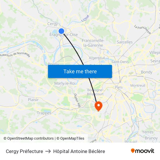 Cergy Préfecture to Hôpital Antoine Béclère map