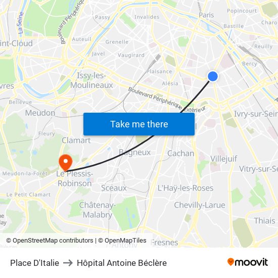 Place D'Italie to Hôpital Antoine Béclère map