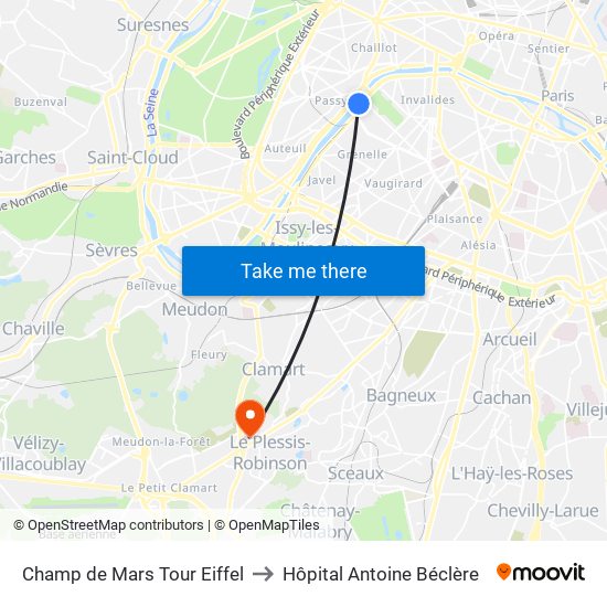 Champ de Mars Tour Eiffel to Hôpital Antoine Béclère map