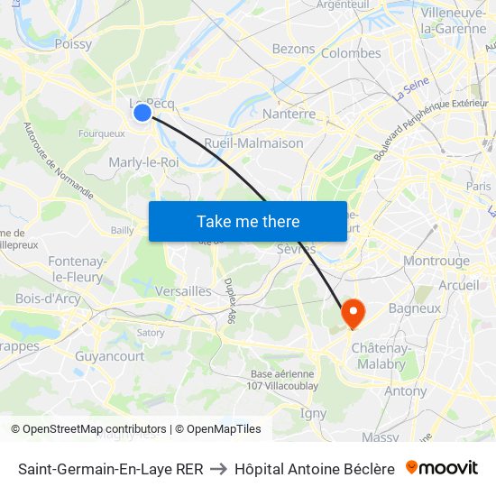 Saint-Germain-En-Laye RER to Hôpital Antoine Béclère map