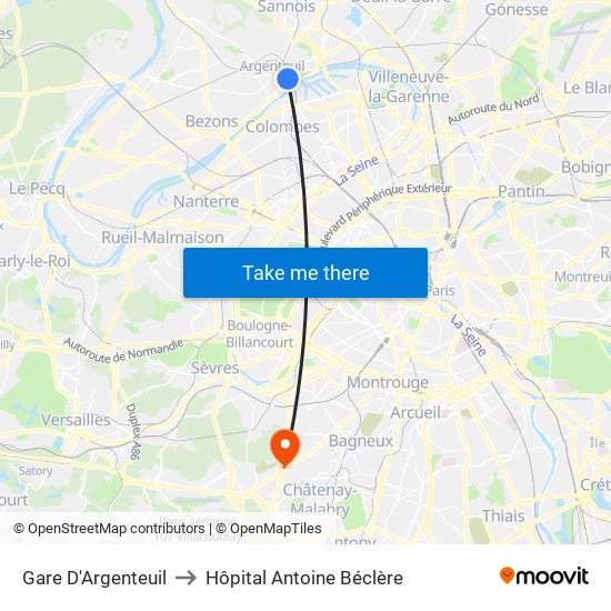 Gare D'Argenteuil to Hôpital Antoine Béclère map