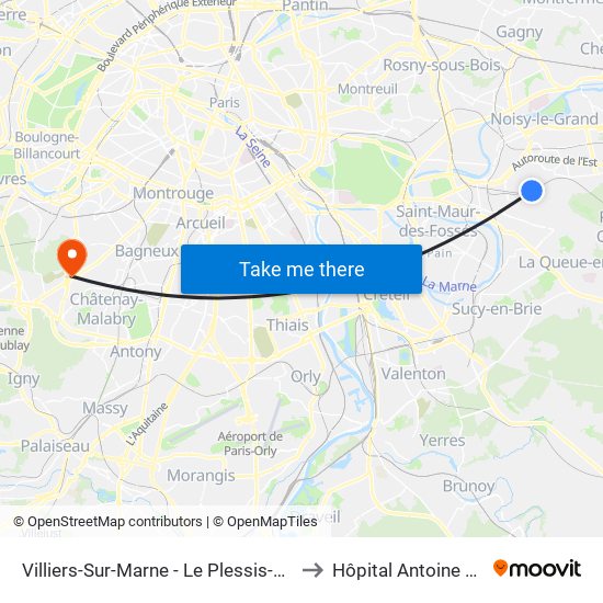 Villiers-Sur-Marne - Le Plessis-Trévise RER to Hôpital Antoine Béclère map