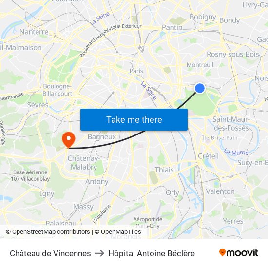 Château de Vincennes to Hôpital Antoine Béclère map