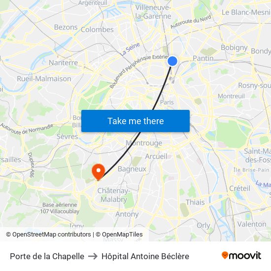 Porte de la Chapelle to Hôpital Antoine Béclère map