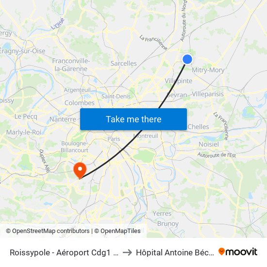 Roissypole - Aéroport Cdg1 (G1) to Hôpital Antoine Béclère map