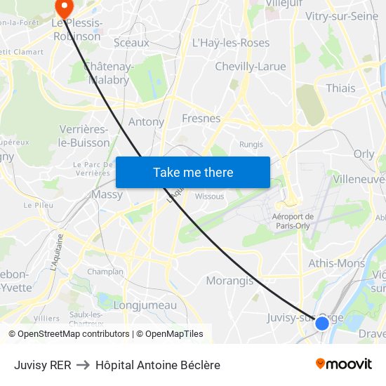 Juvisy RER to Hôpital Antoine Béclère map