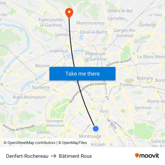 Denfert-Rochereau to Bâtiment Roux map