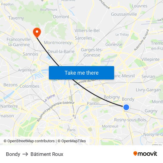 Bondy to Bâtiment Roux map