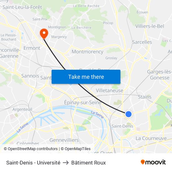 Saint-Denis - Université to Bâtiment Roux map