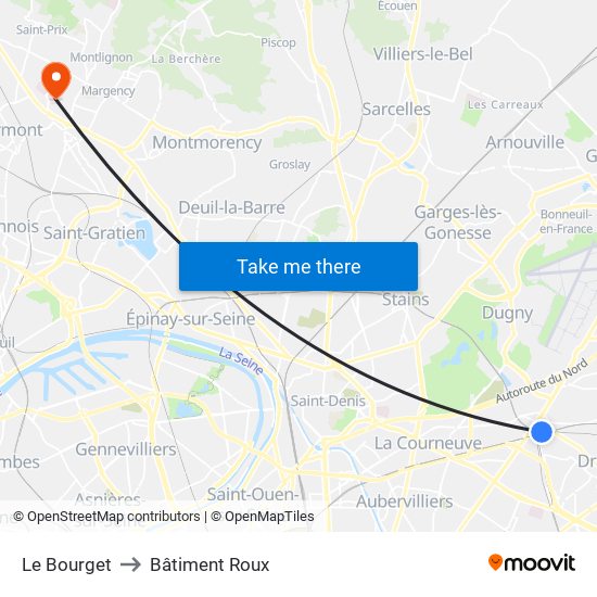 Le Bourget to Bâtiment Roux map