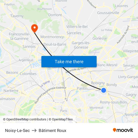 Noisy-Le-Sec to Bâtiment Roux map