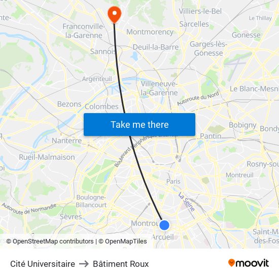 Cité Universitaire to Bâtiment Roux map