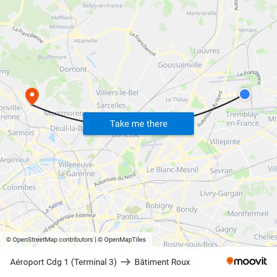 Aéroport Cdg 1 (Terminal 3) to Bâtiment Roux map