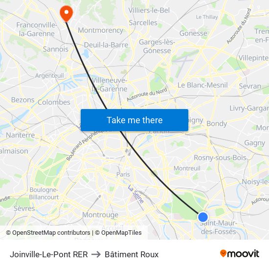 Joinville-Le-Pont RER to Bâtiment Roux map