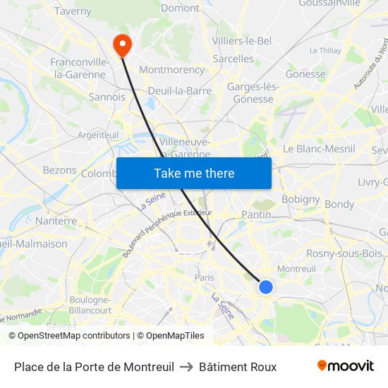 Place de la Porte de Montreuil to Bâtiment Roux map