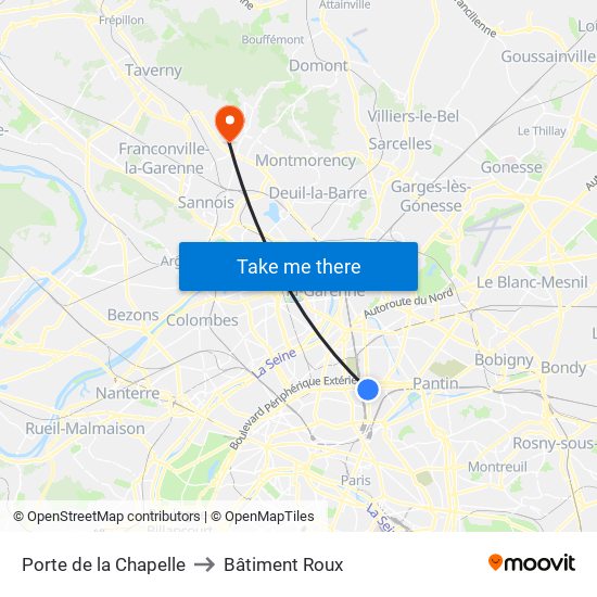 Porte de la Chapelle to Bâtiment Roux map