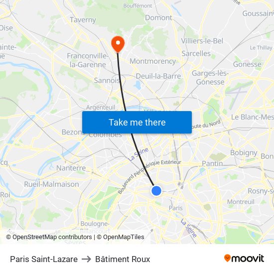 Paris Saint-Lazare to Bâtiment Roux map
