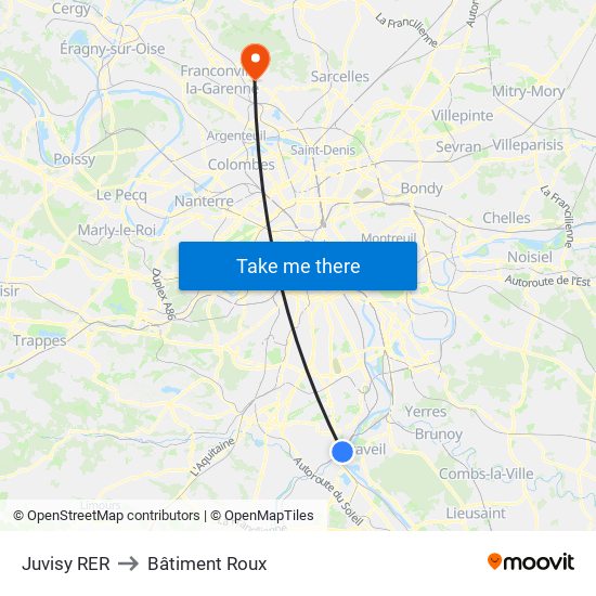 Juvisy RER to Bâtiment Roux map