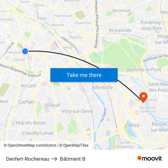 Denfert-Rochereau to Bâtiment B map