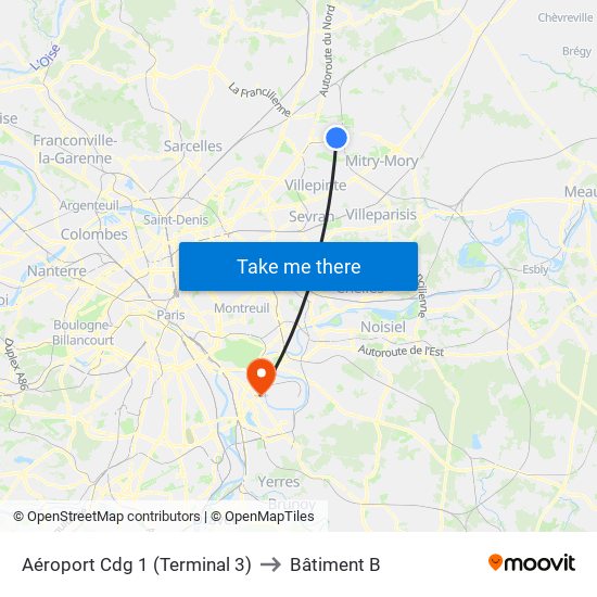 Aéroport Cdg 1 (Terminal 3) to Bâtiment B map