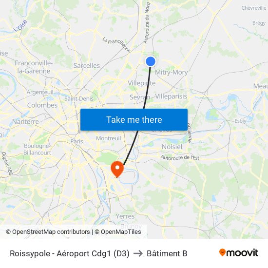 Roissypole - Aéroport Cdg1 (D3) to Bâtiment B map
