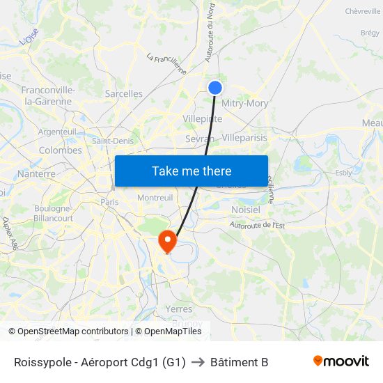 Roissypole - Aéroport Cdg1 (G1) to Bâtiment B map
