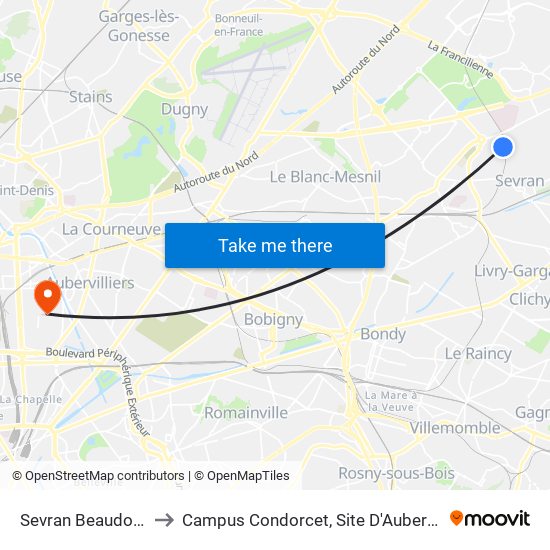 Sevran Beaudottes to Campus Condorcet, Site D'Aubervilliers map
