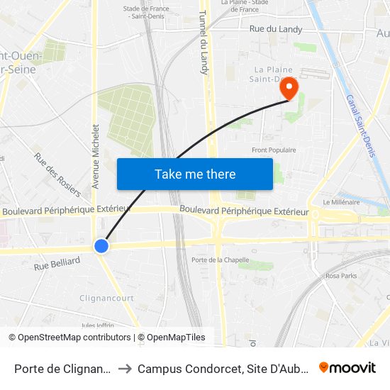 Porte de Clignancourt to Campus Condorcet, Site D'Aubervilliers map