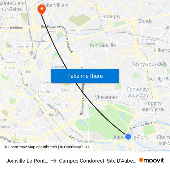 Joinville-Le-Pont RER to Campus Condorcet, Site D'Aubervilliers map