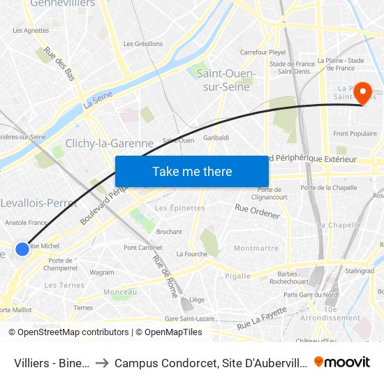 Villiers - Bineau to Campus Condorcet, Site D'Aubervilliers map