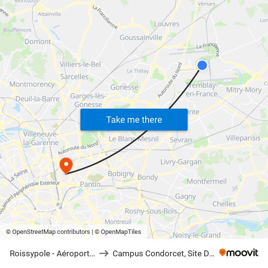 Roissypole - Aéroport Cdg1 (E2) to Campus Condorcet, Site D'Aubervilliers map
