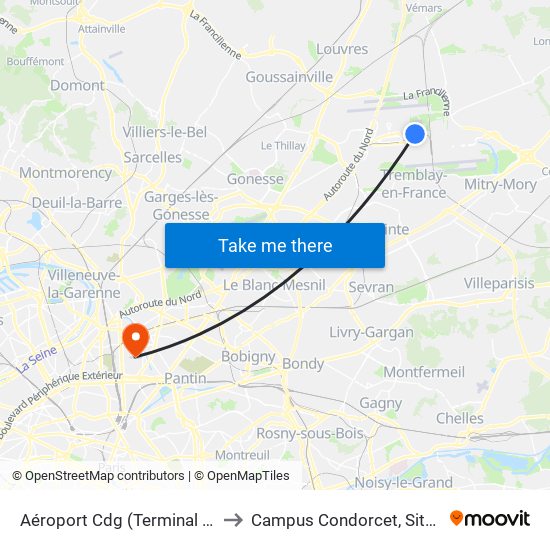 Aéroport Cdg (Terminal 3 – Roissypôle) to Campus Condorcet, Site D'Aubervilliers map