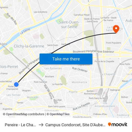 Pereire - Le Chatelier to Campus Condorcet, Site D'Aubervilliers map