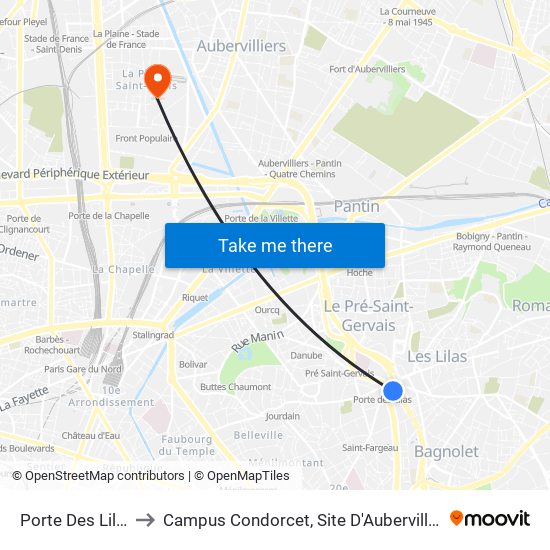 Porte Des Lilas to Campus Condorcet, Site D'Aubervilliers map