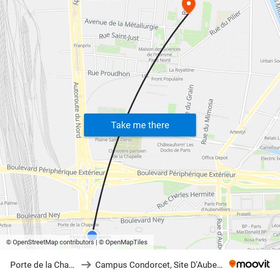 Porte de la Chapelle to Campus Condorcet, Site D'Aubervilliers map