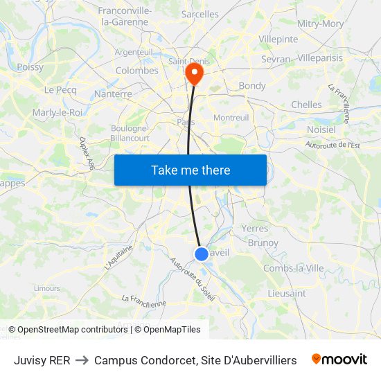 Juvisy RER to Campus Condorcet, Site D'Aubervilliers map
