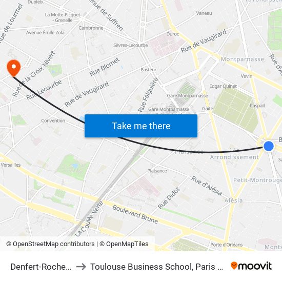 Denfert-Rochereau to Toulouse Business School, Paris Campus map