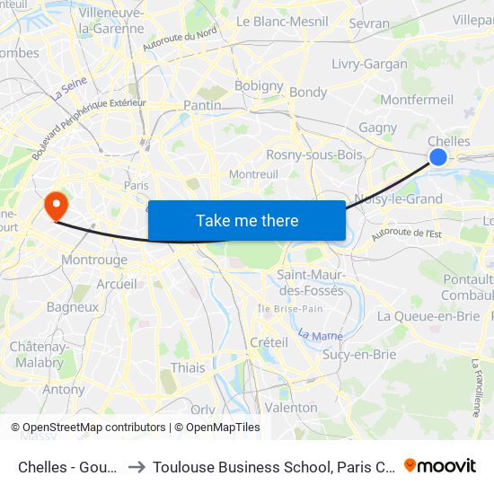 Chelles - Gournay to Toulouse Business School, Paris Campus map