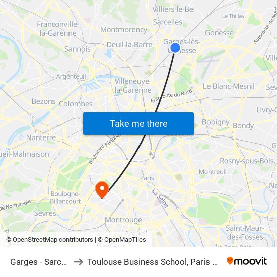 Garges - Sarcelles to Toulouse Business School, Paris Campus map