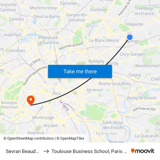 Sevran Beaudottes to Toulouse Business School, Paris Campus map