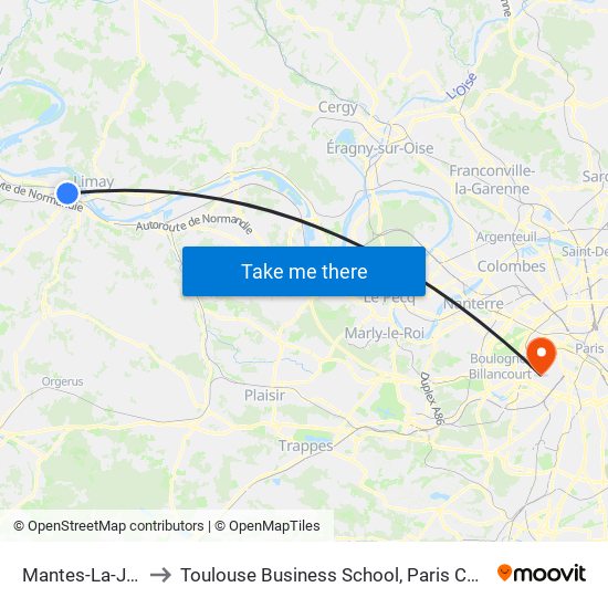 Mantes-La-Jolie to Toulouse Business School, Paris Campus map