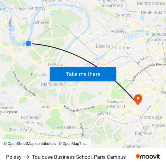 Poissy to Toulouse Business School, Paris Campus map