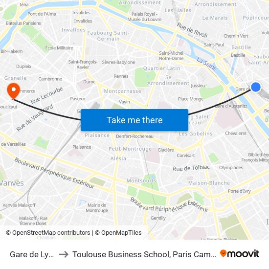 Gare de Lyon to Toulouse Business School, Paris Campus map