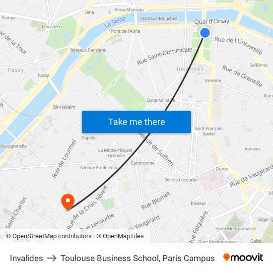 Invalides to Toulouse Business School, Paris Campus map