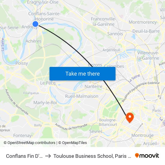 Conflans Fin D'Oise to Toulouse Business School, Paris Campus map